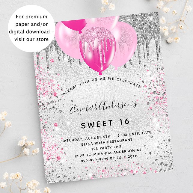 Söt 16-årsdag silver rosa glitter stoft inbjudan vykort (Skapare uppladdad)