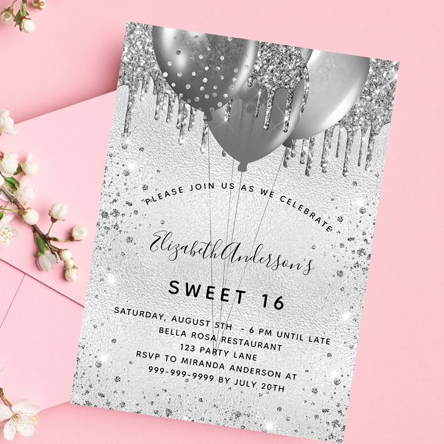 Söt 16-årsdagen silver glitter inbjudningar (Skapare uppladdad)