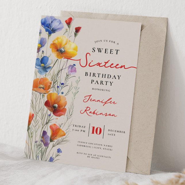 Söt 16-årsfest Boho Vilda Blommor Inbjudningar (Skapare uppladdad)