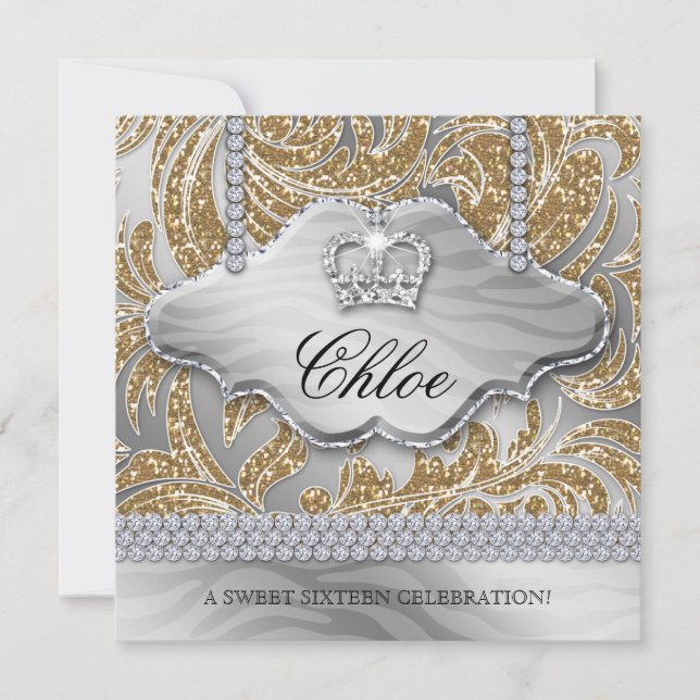 Söt 16-årsfest Guld Kron Juveler Blad Inbjudningar (Framsida)