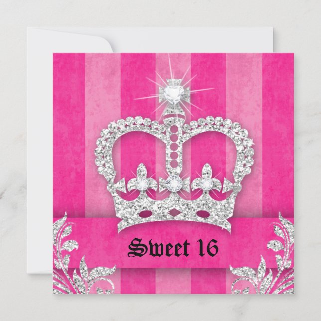 Söt 16-årsfest inbjudan rosa ränder krona tiara (Framsida)