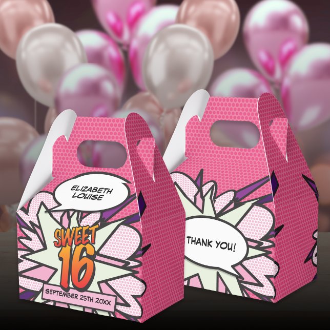 Söt 16-årsfest Rosa Modern Serietidning Födelsedag Presentaskar (Sweet 16 Fun Girly Pink Modern Comic Book Birthday Favor Boxes
)