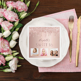 Söt 16-årsfoto ro guld glitter rosa pappersservett