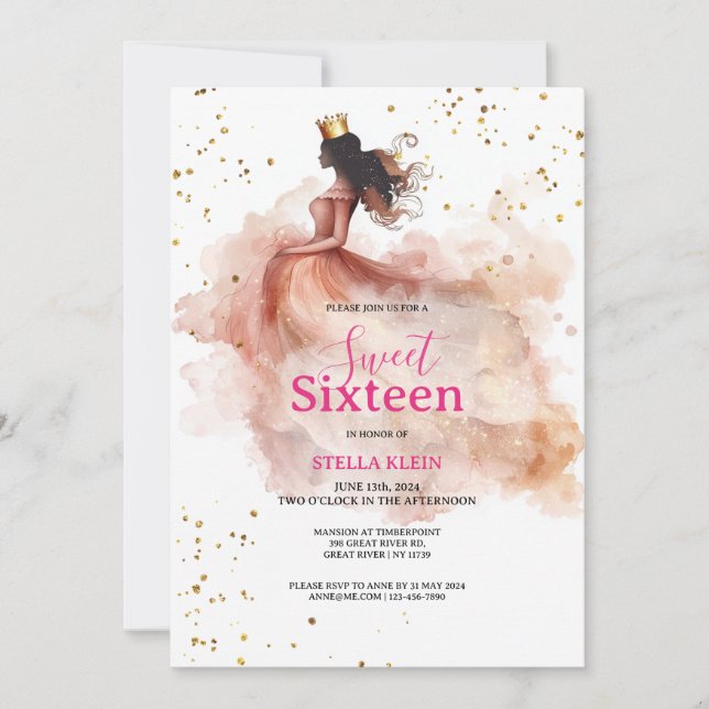 Söt 16-årsjubileum - Vattenfärgad Rosa och Guld Gl Inbjudningar (Framsida)