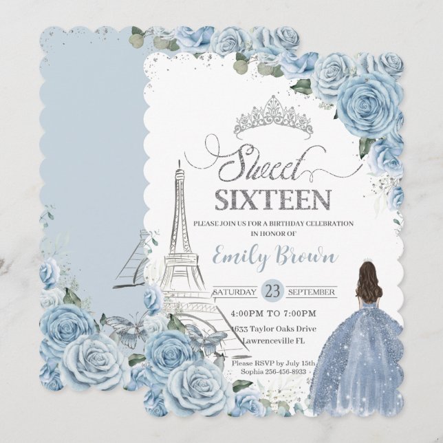 Söt 16 Baby blue Blommigten Paris Silver Inbjudningar (Fram/baksida)