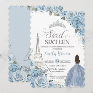 Söt 16 Baby blue Blommigten Paris Silver Inbjudningar