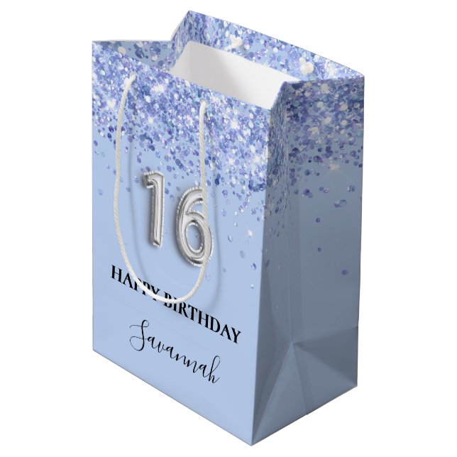 Söt 16 baby blue damm från namn i silver glitter (Baksidan Vinklad)