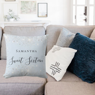 Söt 16 baby blue damm från namn i silver glitter kudde