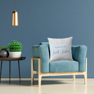 Söt 16 baby blue namn dammskript i silver glitter kudde