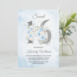 Söt 16 Baby blue tema för vattenfärg Inbjudningar