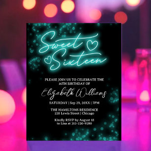 Söt 16 Bday Teal Neon Glow Budget-inbjudan