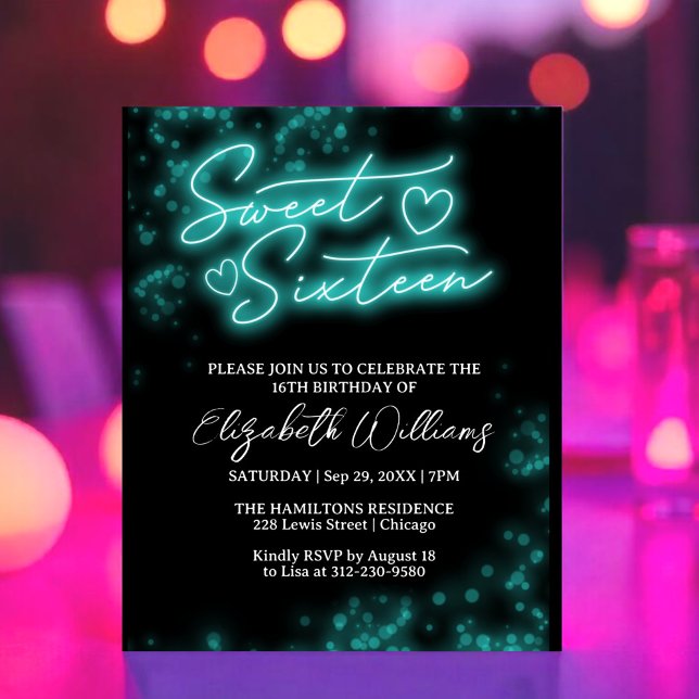 Söt 16 Bday Teal Neon Glow Budget-inbjudan (Skapare uppladdad)