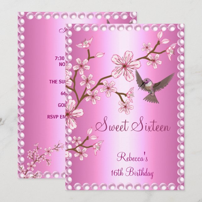 Söt 16 Birthday Asian Rosa Pearl Flowers Bird Inbjudningar (Fram/baksida)