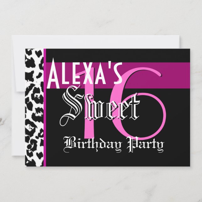 Söt 16 Birthday Black White Leopard Rosa G801 Inbjudningar (Framsida)