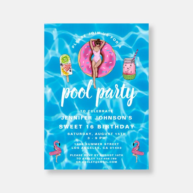Söt 16 Birthday Cute Rosa sommaren Bassäng Party Inbjudningar (Sweet 16 Birthday Cute Pink Summer Pool Party Invitation)