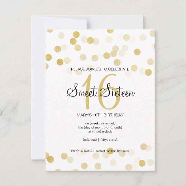 Söt 16 Birthday Faux Gold Foil Glitter Ljus Inbjudningar (Framsida)