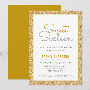 Söt 16 Birthday Faux Guld Glitter Inbjudningar