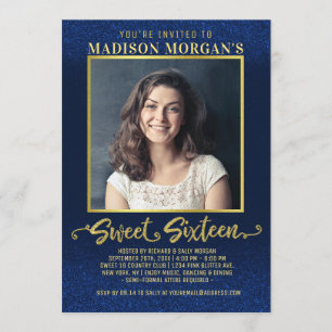 Söt 16 Birthday Navy Blue Guld Glitter Photo Inbjudningar