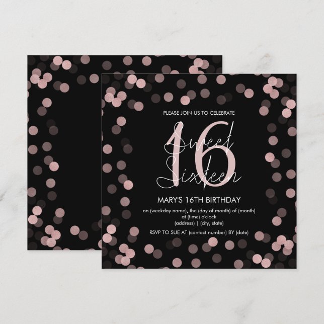 Söt 16 Birthday Ro Guld Glam Glitter Black Inbjudningar (Fram/baksida)