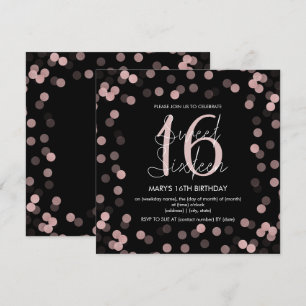 Söt 16 Birthday Ro Guld Glam Glitter Black Inbjudningar