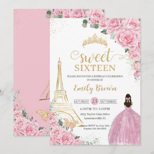 Söt 16 Birthday Rosa Blommigt Paris Eiffel Guld Inbjudningar