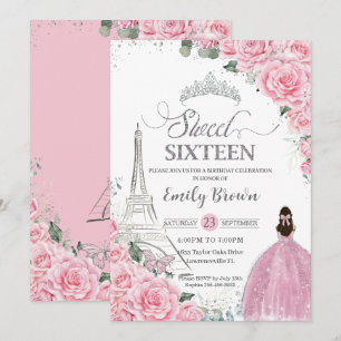 Söt 16 Birthday Rosa Blommigt Paris Eiffel Silver Inbjudningar