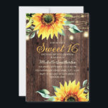 Söt 16 Birthday Rustic Sunwers String Ljus Inbjudningar<br><div class="desc">Land-stil Sweet 16 födelsedagsfest inbjudan med rustik mörk brunlinnved,  gult solblommor med grönska och mousserande strängar ljus och lyktor</div>