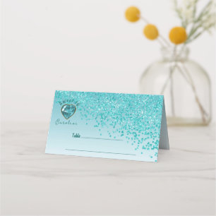 Söt 16 Birthday Teal Blue Glitter och Blue Gem Placeringskort