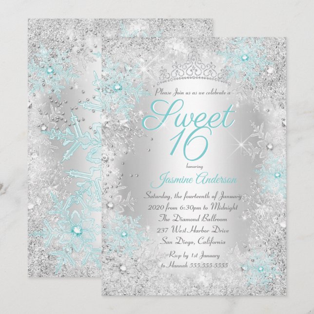 Söt 16 Birthday Teal Silver Winter Wonderland Inbjudningar (Fram/baksida)