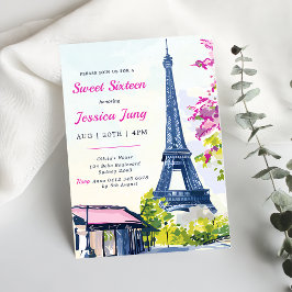 Söt 16 Birthday Watercolor Blommigt Eiffel Torn Inbjudningar