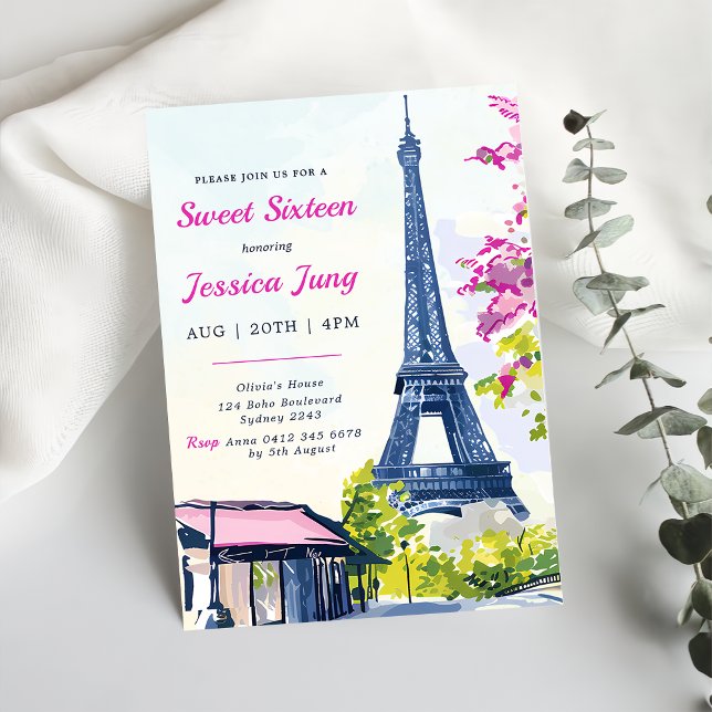 Söt 16 Birthday Watercolor Blommigt Eiffel Torn Inbjudningar (Skapare uppladdad)