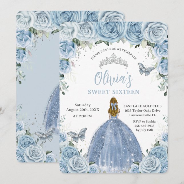 Söt 16 Blå Blommigt Silver Butterflies Blonde Inbjudningar (Fram/baksida)