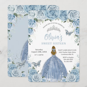 Söt 16 Blå Blommigt Silver Butterflies Blonde Inbjudningar