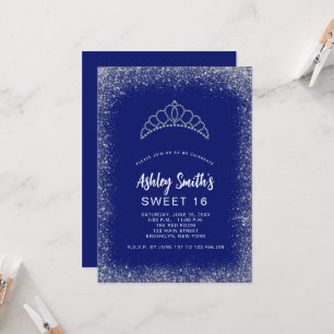 Söt 16: Blå Silver Glitter Diamond Tiara Inbjudningar