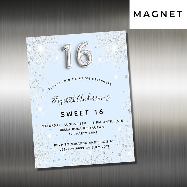 Söt 16 blå silver glitter-inbjudningsmagnet (Skapare uppladdad)
