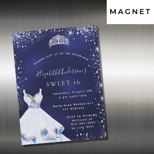 Söt 16 blå silver glitter klänning tiara glamous magnetisk inbjudningskort