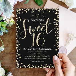 Söt 16 Black Guld Glitter Chic Girly Birthday Inbjudningar