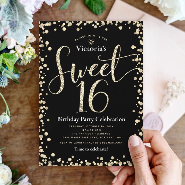 Söt 16 Black Guld Glitter Chic Girly Birthday Inbjudningar (Skapare uppladdad)