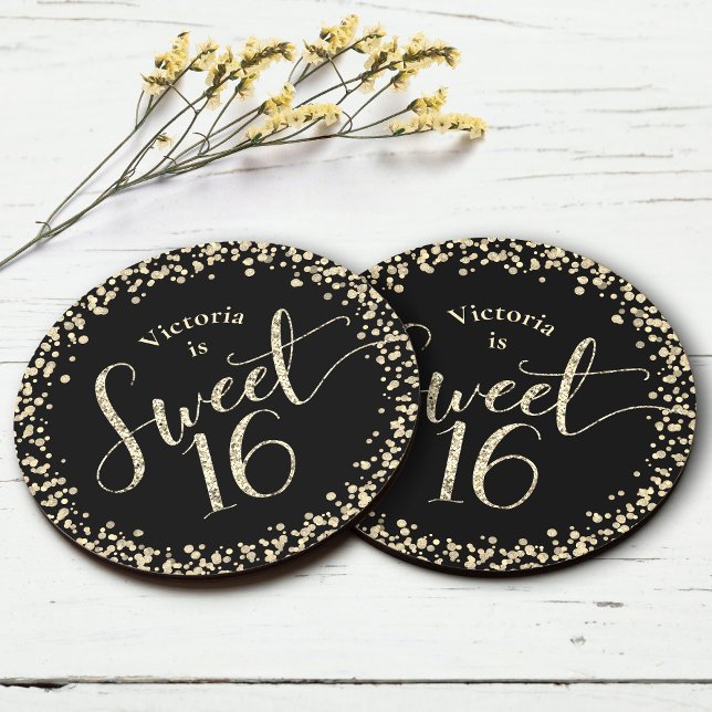 Söt 16 Black Guld Glitter Confetti Chic Birthday Underlägg Papper Rund (Skapare uppladdad)
