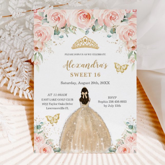 Söt 16  Blommigt Champagne Dress Princess Inbjudningar (blush pink floral champagne dress princess butterflies sweet sixteen 16th birthday invitation cards )