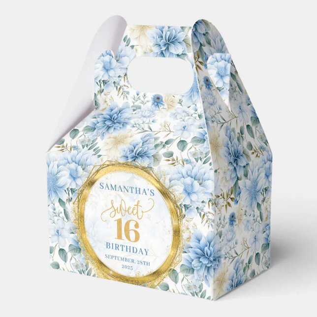 Söt 16-Blommigt för favoritruta, vattenfärg, blå B Presentaskar (Sweet 16 Favor Box Watercolor Blue Boho Floral)