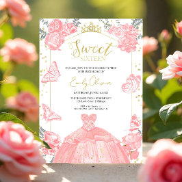 Söt 16 Blommigt för fotomedbjudande, fjäril-Rosa Inbjudningar