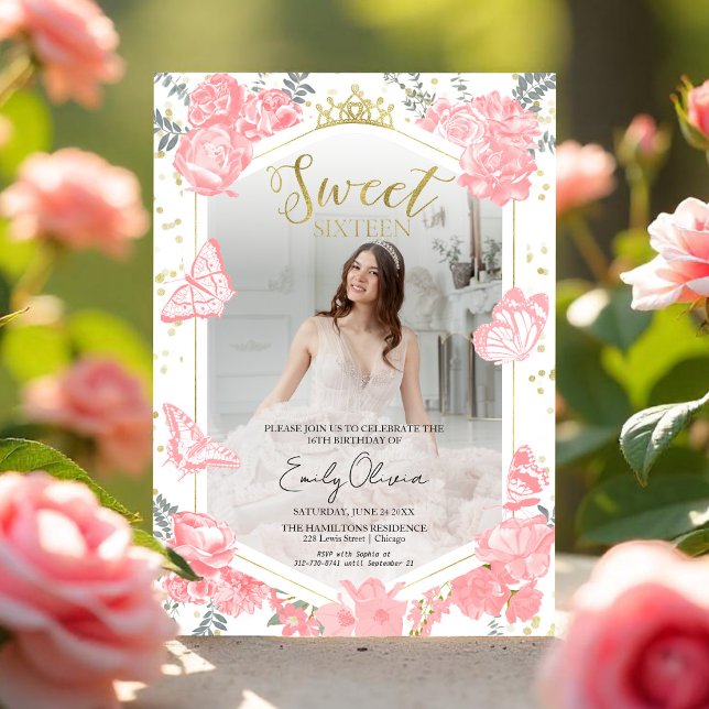 Söt 16 Blommigt för fotomedbjudande, fjäril-Rosa Inbjudningar (Skapare uppladdad)