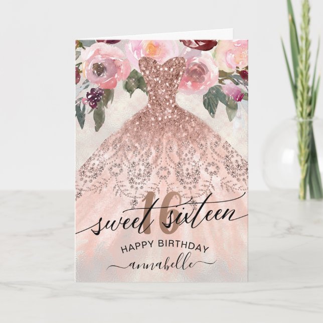 Söt 16 Blommigt Ro Guld Gown Kort (Framsida)