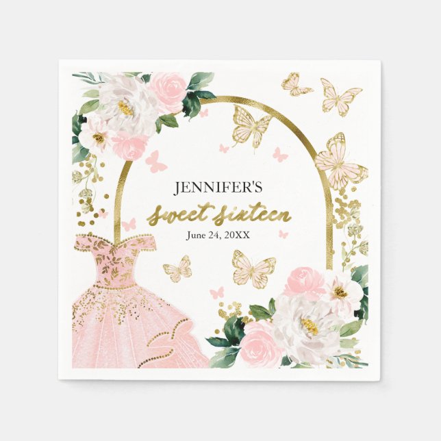 Söt 16  Blommigt-Rosa-Butterfly Pappersservett (Framsidan)
