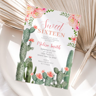 Söt 16 Blommigtar Cactus Succulent Birthday Girl Inbjudningar