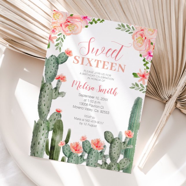 Söt 16 Blommigtar Cactus Succulent Birthday Girl Inbjudningar (Skapare uppladdad)