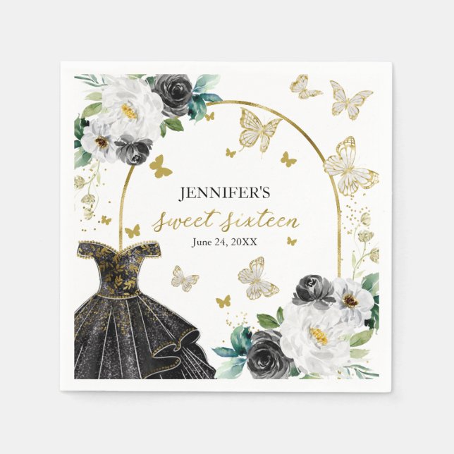 Söt 16 Blommigtar Guld Black Dress Butterfly Pappersservett (Framsidan)