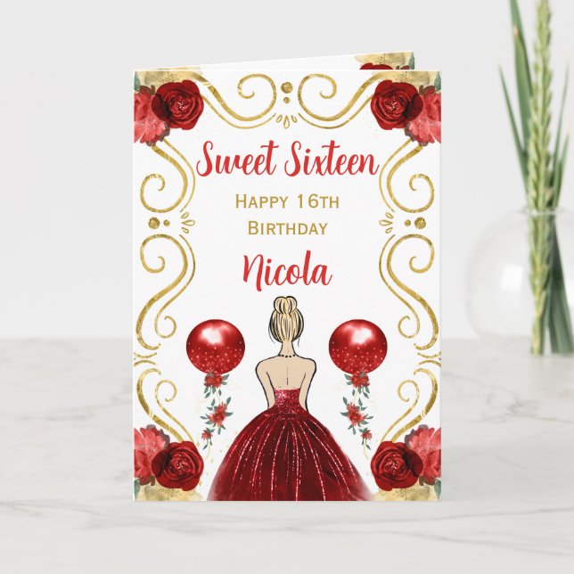 Söt 16 Blonde Princess Red Grattis på födelsedagen Kort (Framsida)