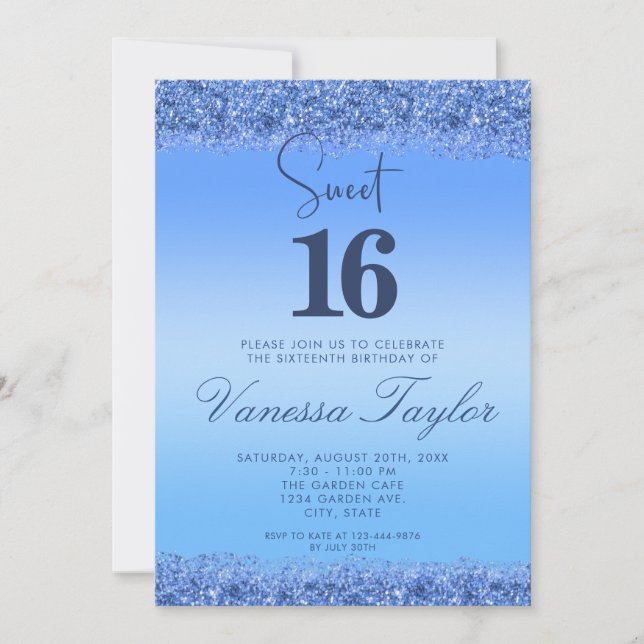 Söt 16 Blue Faux Glitter Birthday-inbjudan Inbjudningar (Framsida)